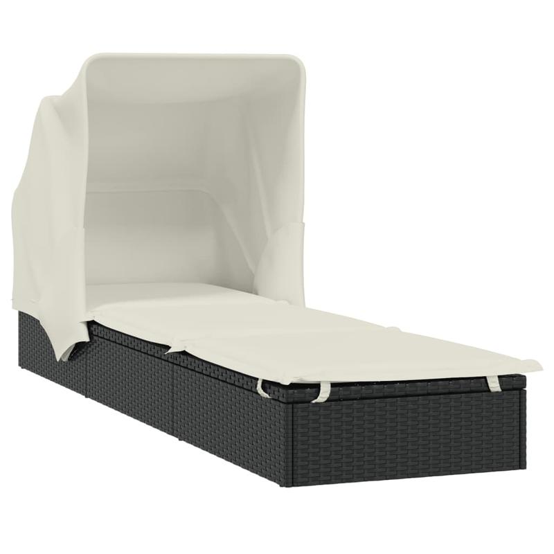Ligstoel – Ligbed – Zonnebed – Relaxstoel – Ligbank – Zwart – Inklapbaar Zonnescherm – Weerbestendig Poly Rattan – 213x63x97 cm