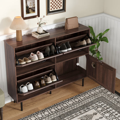 Schoenenkast – Schoenenrek – Schoenenopberger – Schoenrek Organizer – Smalle Kast – Bruin – 3 Deuren Met Kleppen – Vrijstaand Met Stevige Poten