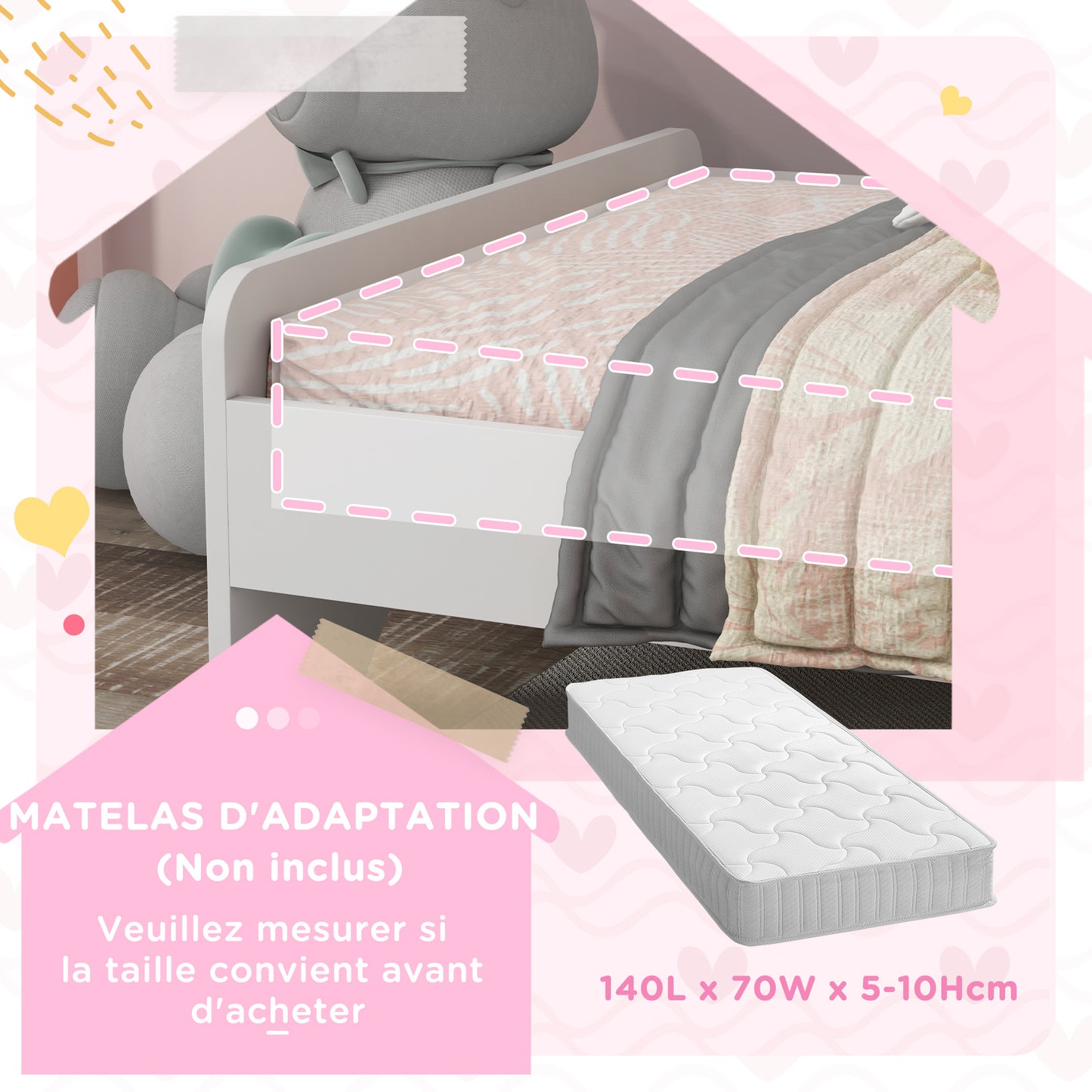 Kinderbed – Peuterbed – Jongensbed – Meisjesbed – Eenhoornbed – Laag Instapbed – MDF Constructie – 143x74x67 cm – Inclusief Lattenbodem – Veilig Zijhekje – Wit Met Eenhoornprint