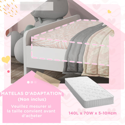 Kinderbed – Peuterbed – Jongensbed – Meisjesbed – Eenhoornbed – Laag Instapbed – MDF Constructie – 143x74x67 cm – Inclusief Lattenbodem – Veilig Zijhekje – Wit Met Eenhoornprint