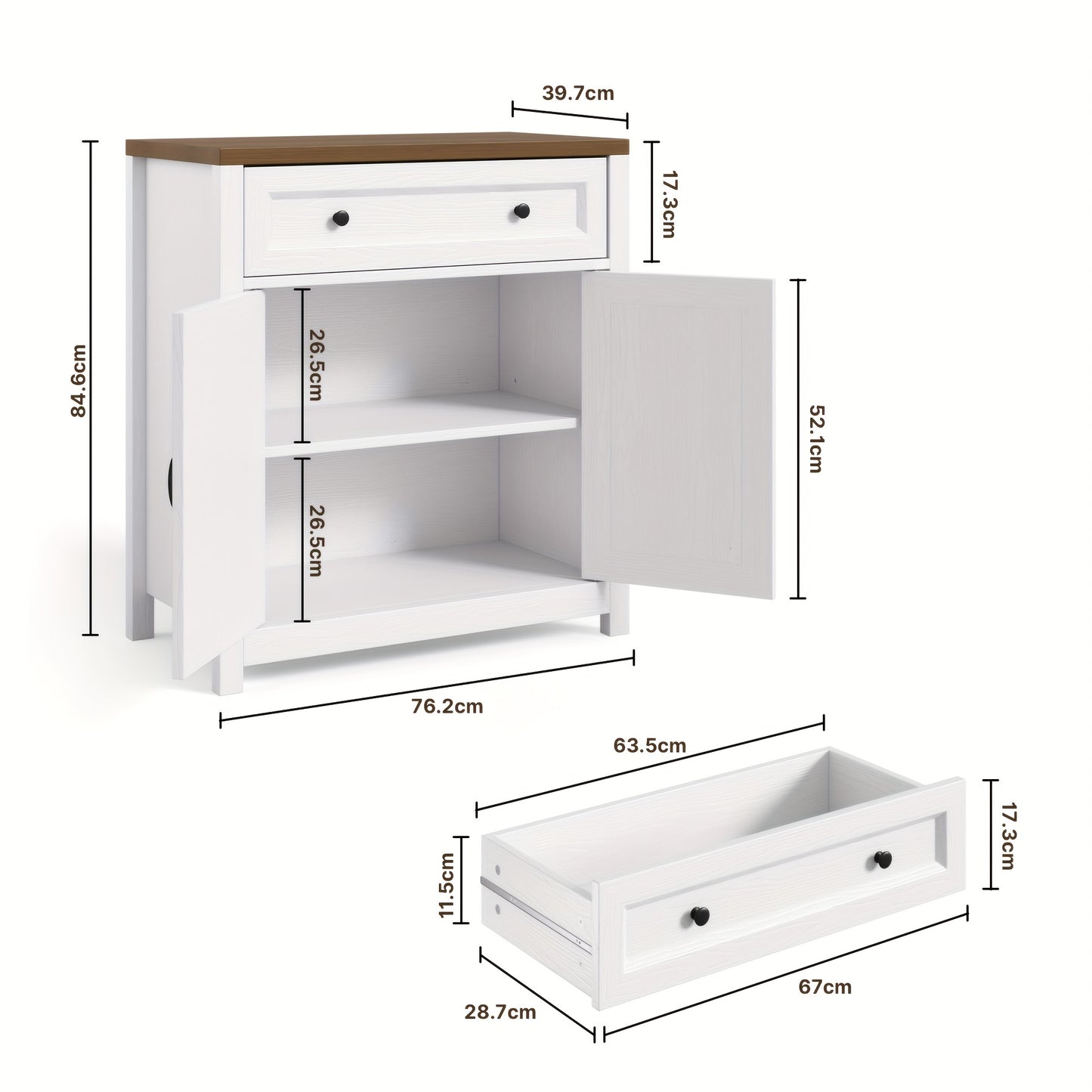 Dressoir – Sidetable – Kast – Buffetkast – Opbergkast – Landelijke Stijl – Groot Opbergvak – Hout en Spaanplaat – 76x40x84 cm – Grijze Bovenplaat