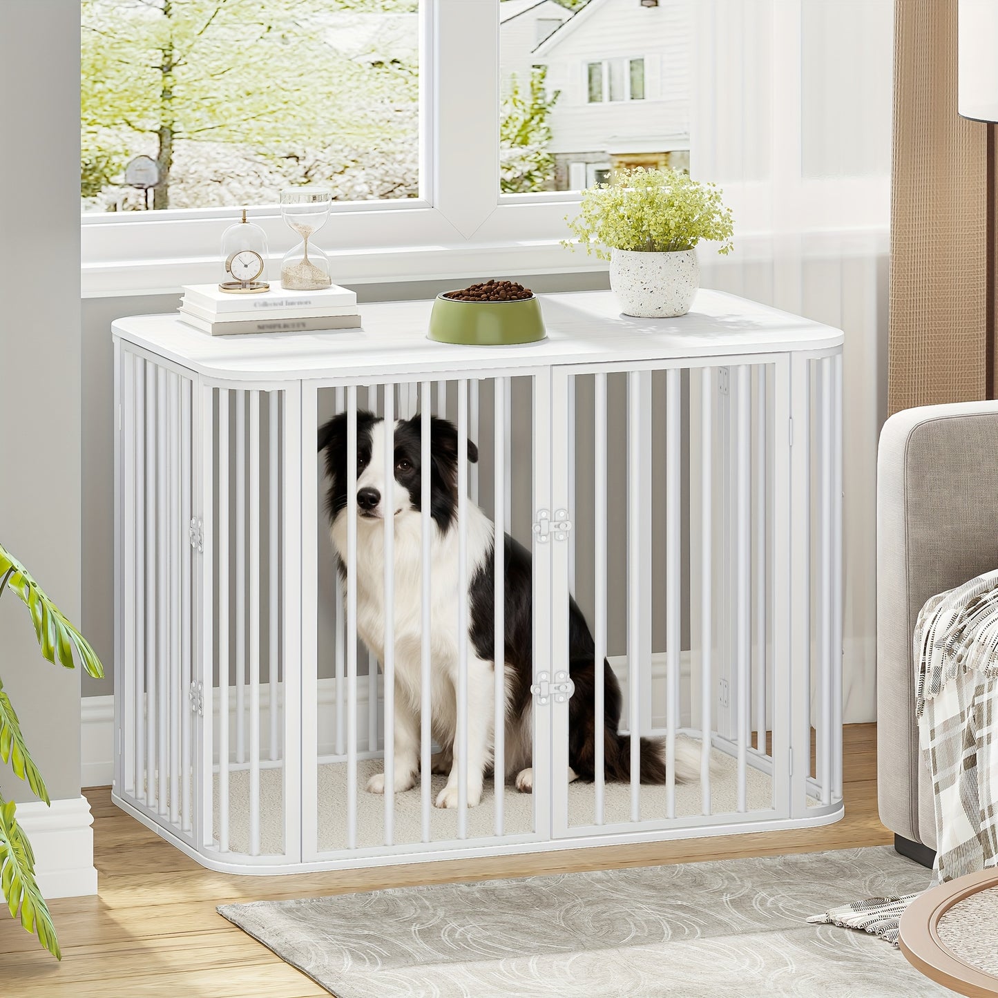 Dog Cage Furniture, Dog Box with Soft Cushion, Modern Multi-Door Design, Side Table for Heavy-Duty Wooden Dog Crates, Suitable for Large Dogs, 108 X 66 X 77.5cm, White, Extra for large Dog Crate Furniture, Dog Crate for Large - QUORE