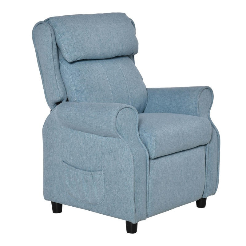 Relaxfauteuil – Verstelbare Fauteuil – Ligstoel – Lounge Stoel – Relaxstoel – Ergonomisch – Houten Frame – Handmatig Verstelbaar – Lichtblauw – Compact 58x53x70 cm – Duurzame Plastic Vulling – Queen Anne Rugleuning – Zonder Elektriciteit
