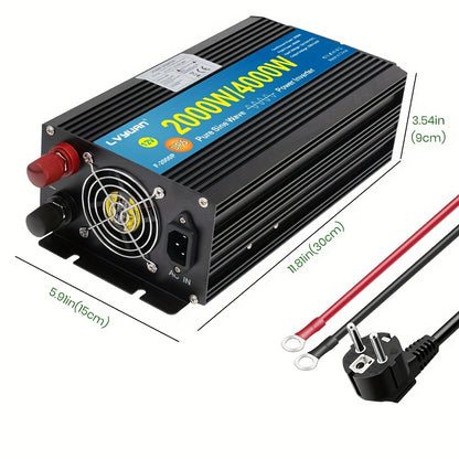 Autospanningsomvormer – Stroomomzetter – Inverter – DC naar AC Converter – 2000W Zwarte Variant – Zuivere Sinusgolf – 3 Europese Stopcontacten