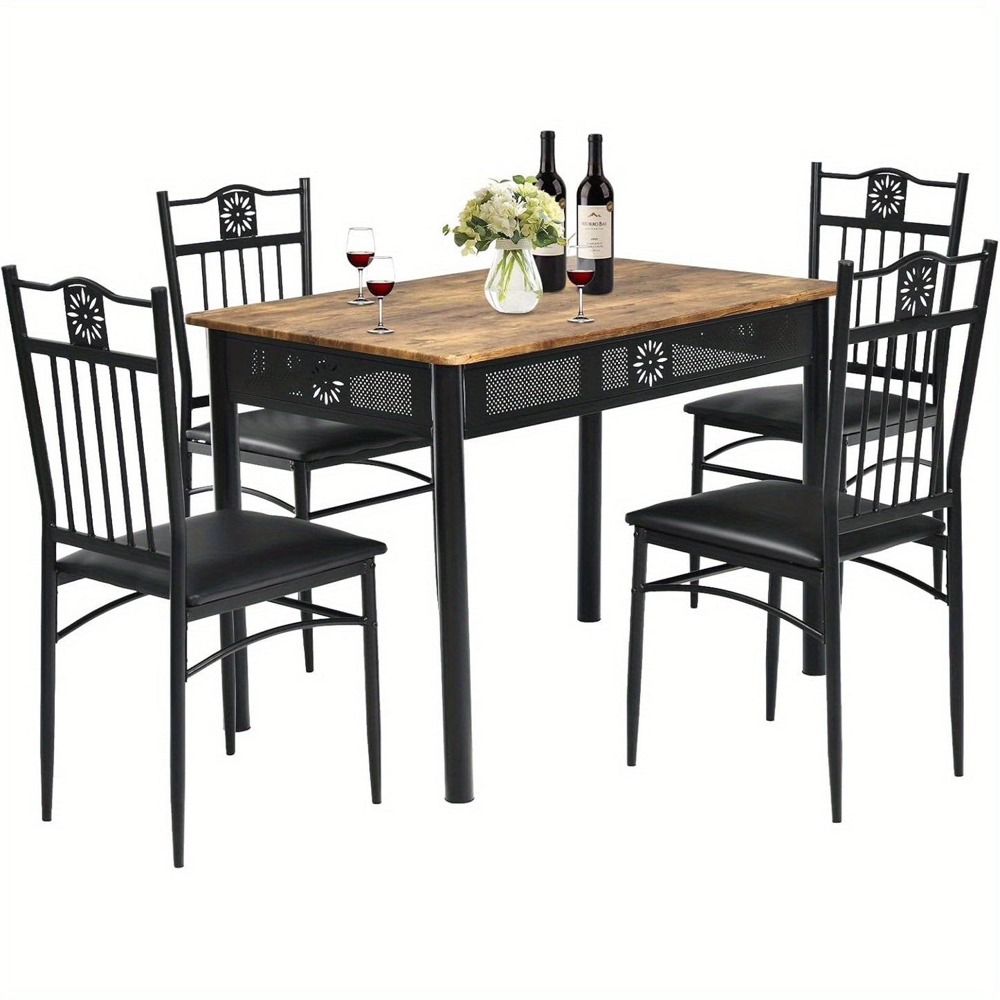 Eettafelset – Eettafel met Stoelen – Tafel En Stoelset – 4 Persoons Eettafel – Zwarte Eetkamer Set – Compact 107 cm Tafel – Comfortabele Foam Stoelen