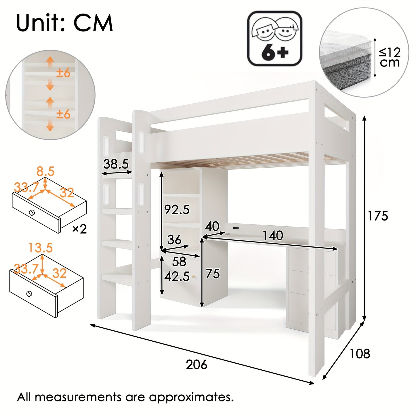 Loft Bed, Desk, Wardrobe And Filing Cabinet with Stairs And Slatted Shelves, Storage Space, 90 X 200, Mattress Not Included
