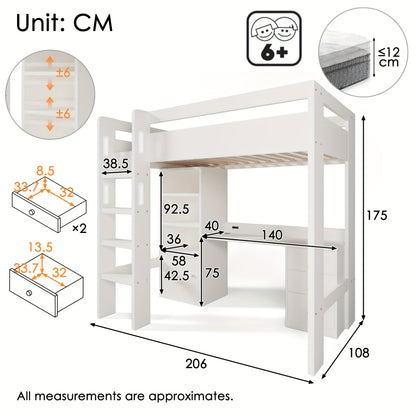 Loft Bed, Desk, Wardrobe And Filing Cabinet with Stairs And Slatted Shelves, Storage Space, 90 X 200, Mattress Not Included