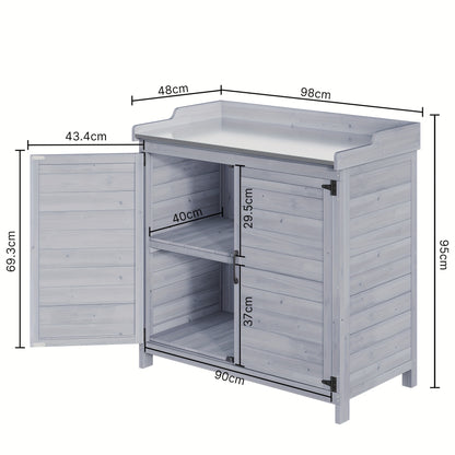Tuinwerkbank – Oppottafel – Tuinwerktafel – Plantentafel – Werkbank – Met Metalen Werkblad – Houten Opbergruimte Met Verstelbare Plank – Duurzaam En Weerbestendig