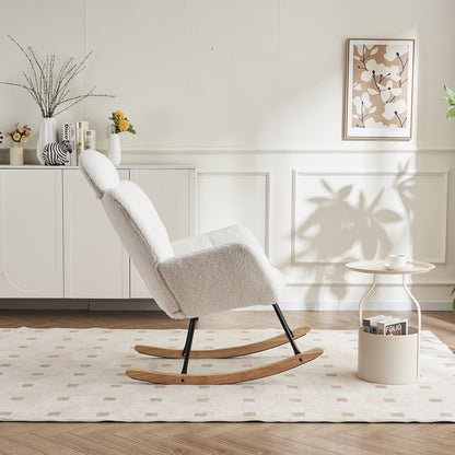Draaifauteuil – Fauteuil – Relaxstoel – Schommelstoel – Lounge Chair – Wit – Zachte Teddy Bekleding – Massief Houten Frame