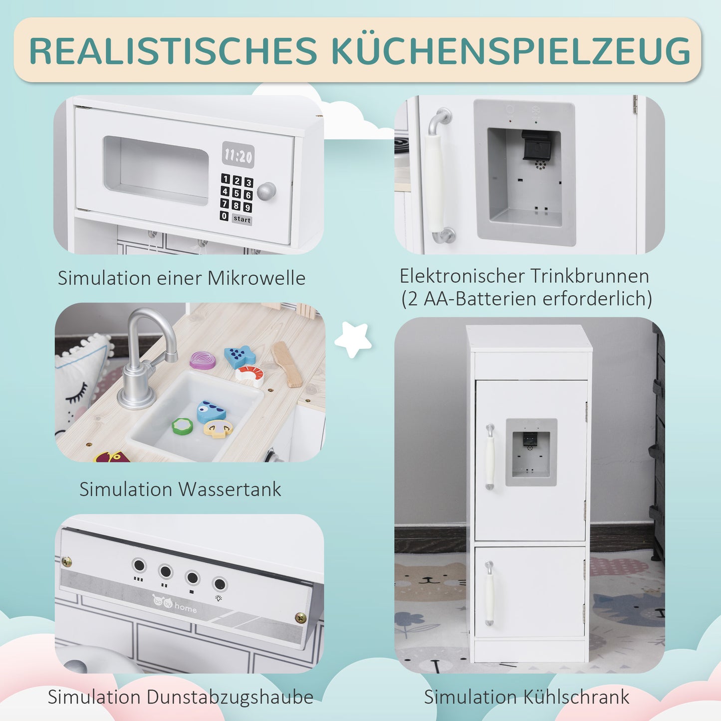 Speelkeuken – Kinderkeuken – Speelkeukentje – Speelkeukentje Voor Kinderen – Wit – 14-delige Accessoireset – Elektrische Waterdispenser – Afmeting 86x64x84,5 cm