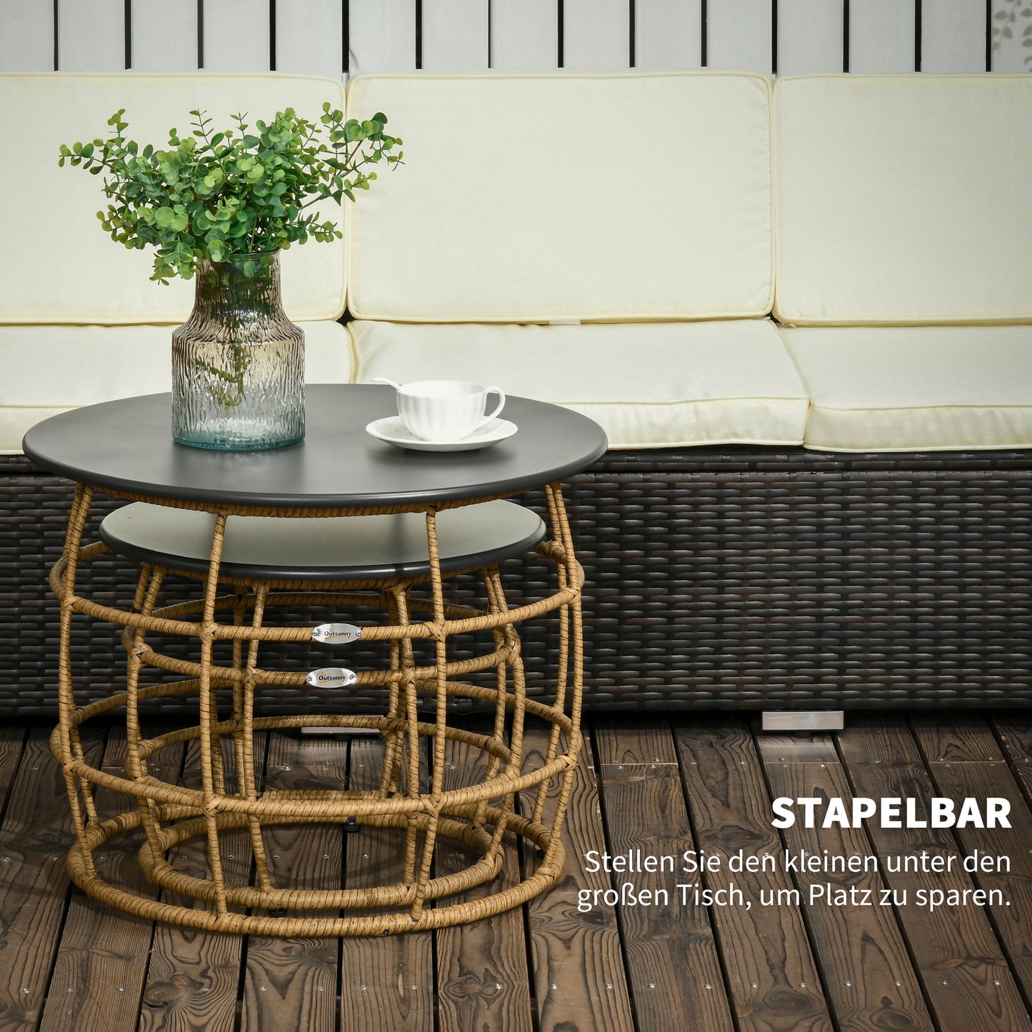 Boho tuinset – Bijzettafels – Tuinmeubels – Tuin tafels – Buiten tafels – Zandkleurig – Weerbestendig kunststof – Stapelbaar design