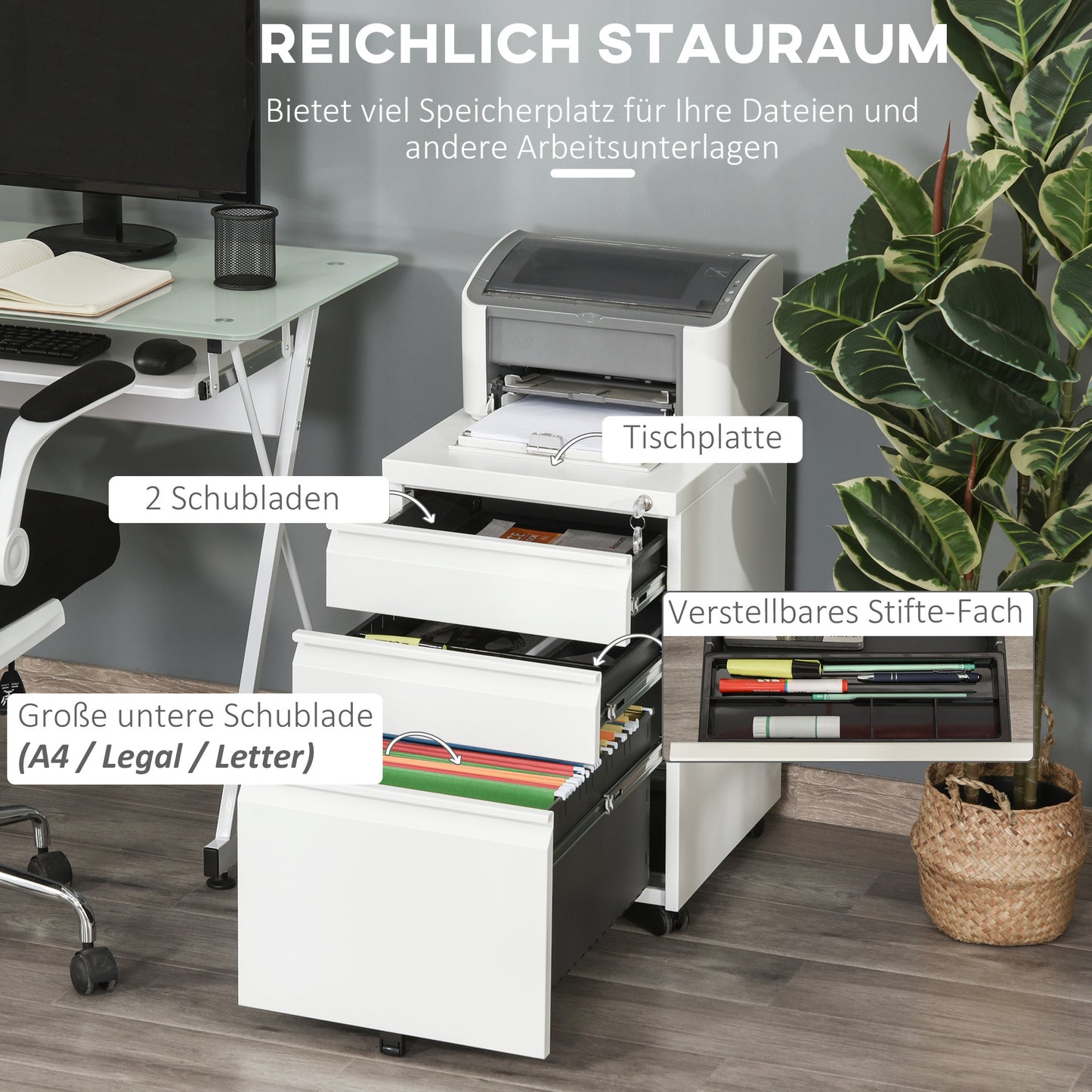 Mobiele Ladekast – Ladekast Op Wieltjes – Kantoorwagen – Office Organizer – Mobiele Kast Wit – 3 Ruime Laden – Veilig Met Sleutelslot – Compact 39x48x60 cm