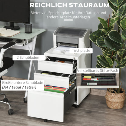 Mobiele Ladekast – Ladekast Op Wieltjes – Kantoorwagen – Office Organizer – Mobiele Kast Wit – 3 Ruime Laden – Veilig Met Sleutelslot – Compact 39x48x60 cm