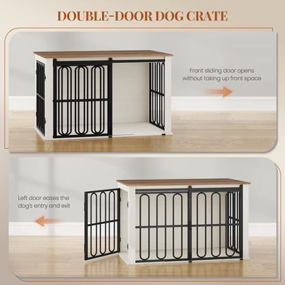 Sturdy Wooden Dog Crate Furniture with Sliding Doors - Dual-Purpose Pet Cage & Side Table, Spacious Interior for Medium Dogs up to 100cm, Modern Home Decor in White & Brown - Ideal for Living Room, Bedroom, Office - Easy-Clea