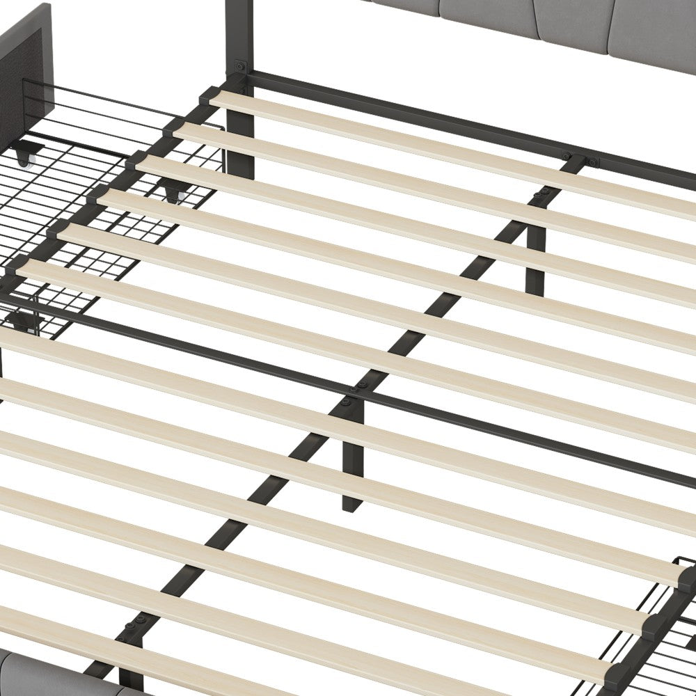 Bedframe – Tweepersoonsbed – Gestoffeerd Bed – Bedbank – Platformbed – Verstelbaar Hoofdbord – 160x200 cm – Grijze Linnen Bekleding – Opberglades – Metalen Frame