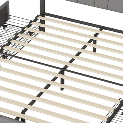 Bedframe – Tweepersoonsbed – Gestoffeerd Bed – Bedbank – Platformbed – Verstelbaar Hoofdbord – 160x200 cm – Grijze Linnen Bekleding – Opberglades – Metalen Frame