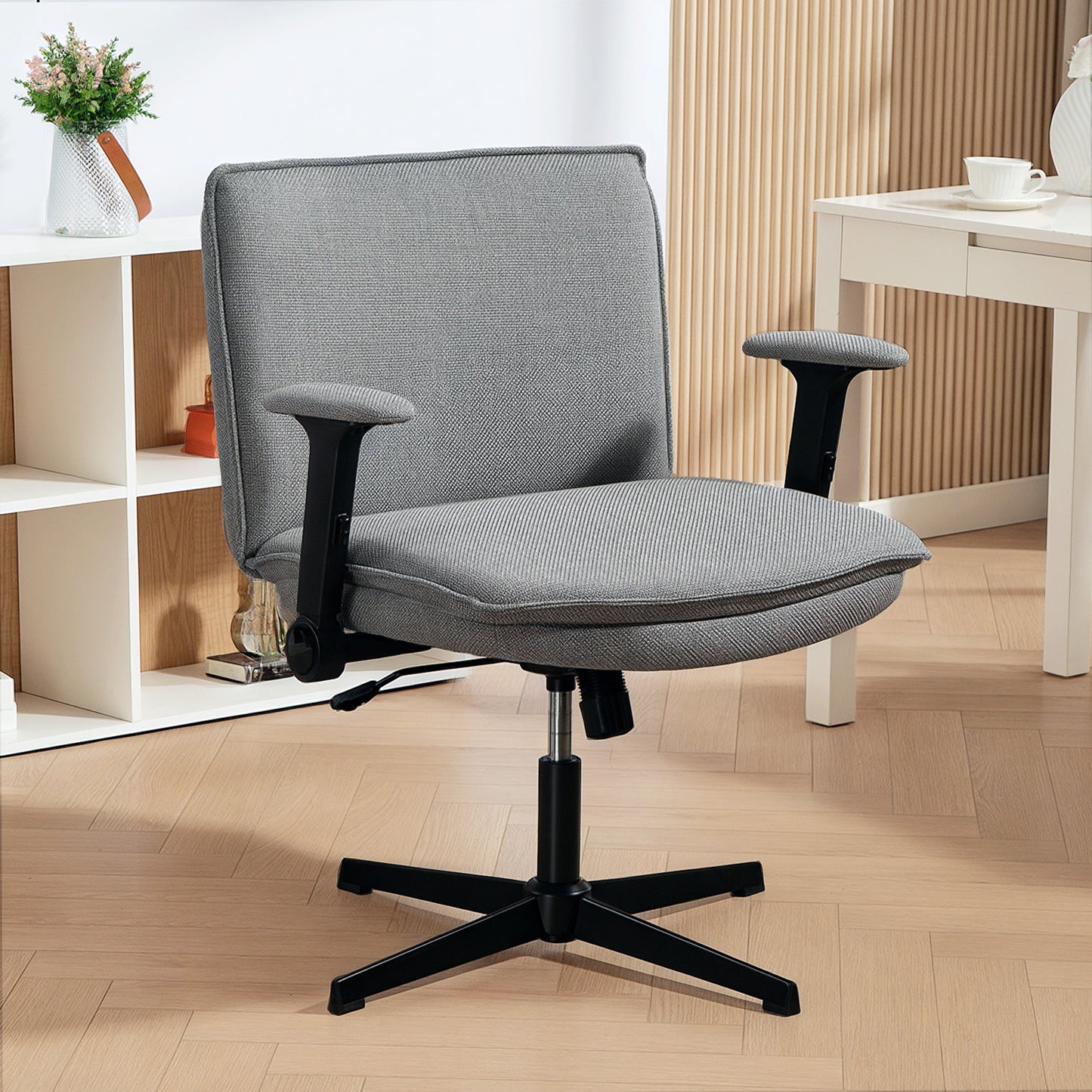 Bureaustoel – Office Chair – Kantoorstoel – Bureaustoelen – Draaistoel – Verstelbare Zithoogte – Inklapbare Armleuningen – Grijs Linnenlook – Stalen Onderstel