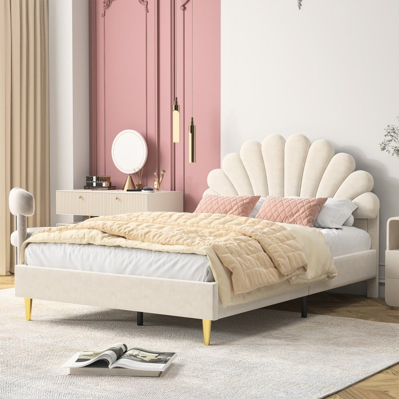 Tweepersoonsbed – Bed – Slaapbank – Boxspring – Bedframe – Velvet Beige – 140x200 cm – Stevig Houten Frame met Lattenbodem