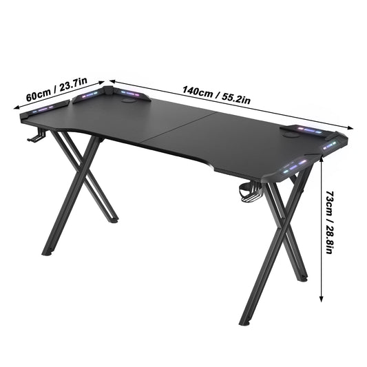 Gamingtafel – Game Bureau – Gaming Desk – Computer Tafel – Game Tafel – X-Frame Stalen Frame – Carbon Fiber Blad 140x60x74 cm – Inclusief Bekerhouder en Koptelefoonhaak – LED Verlichting – Draagvermogen 100 kg