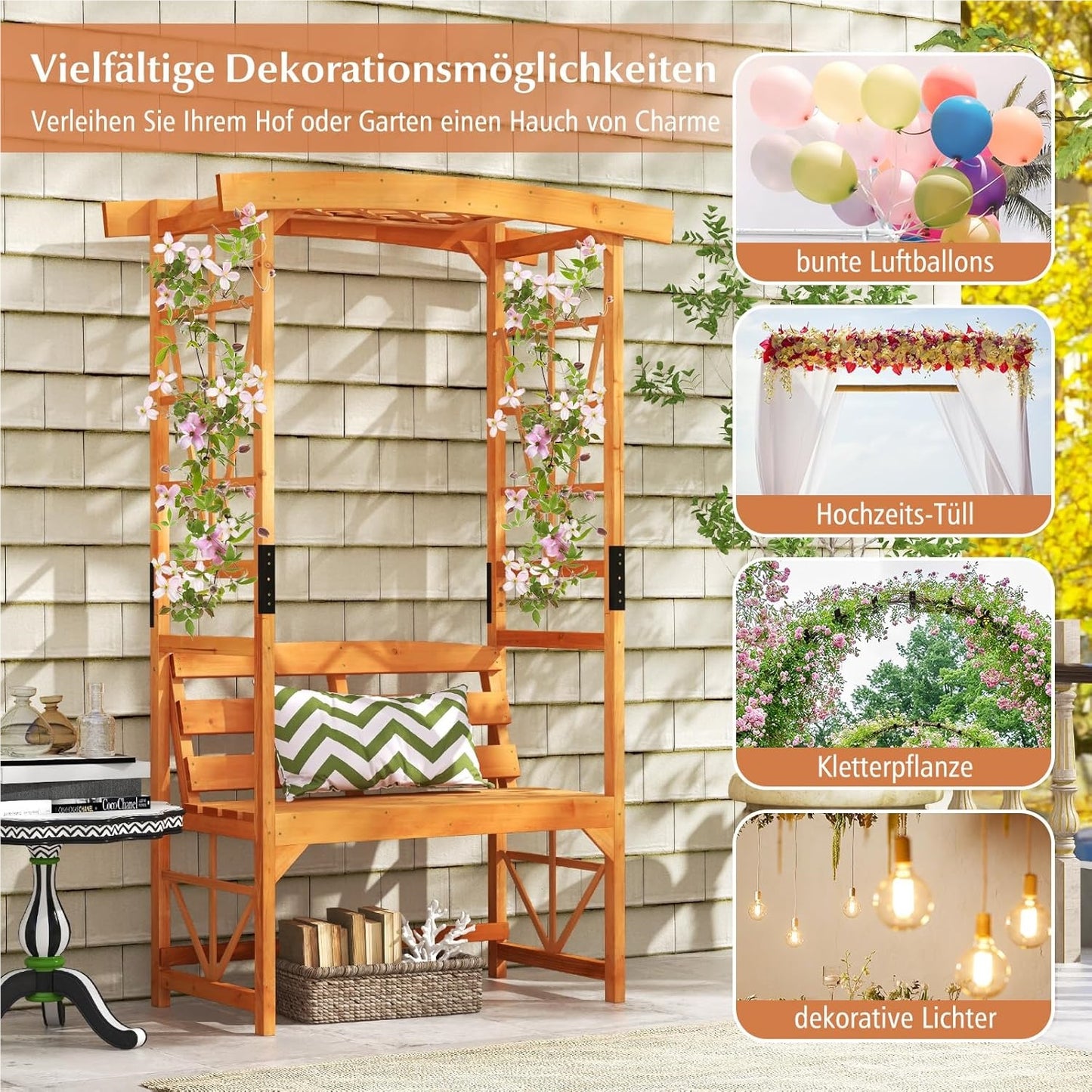 Rozenboog met Bankje – Houten Tuinboog – Klimplant Steun – Tuinbankje – Pergola – 2-Zits Bank – Weerbestendig Dennenhout – 120 x 58 x 189 cm