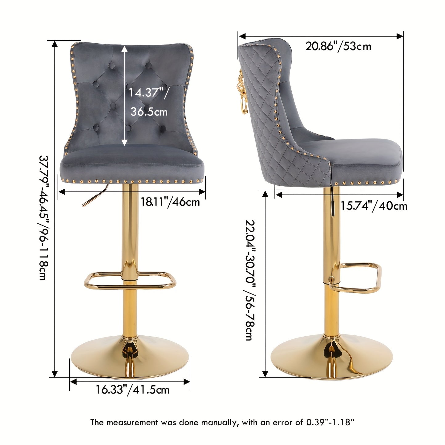 Barstoel – Barkruk – Keukenstoel – Bartoel – Barkrukset – Donkergrijs – Verstelbare Zithoogte – 360° Draaibaar – Fluwelen Bekleding – Gouden Metaal Frame