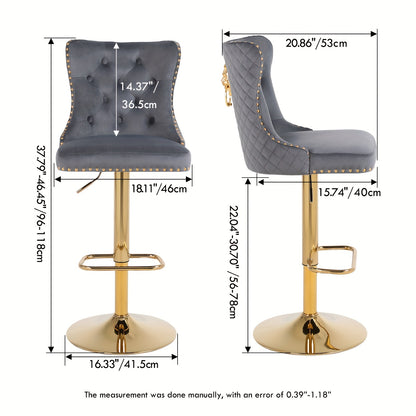 Barstoel – Barkruk – Keukenstoel – Bartoel – Barkrukset – Donkergrijs – Verstelbare Zithoogte – 360° Draaibaar – Fluwelen Bekleding – Gouden Metaal Frame