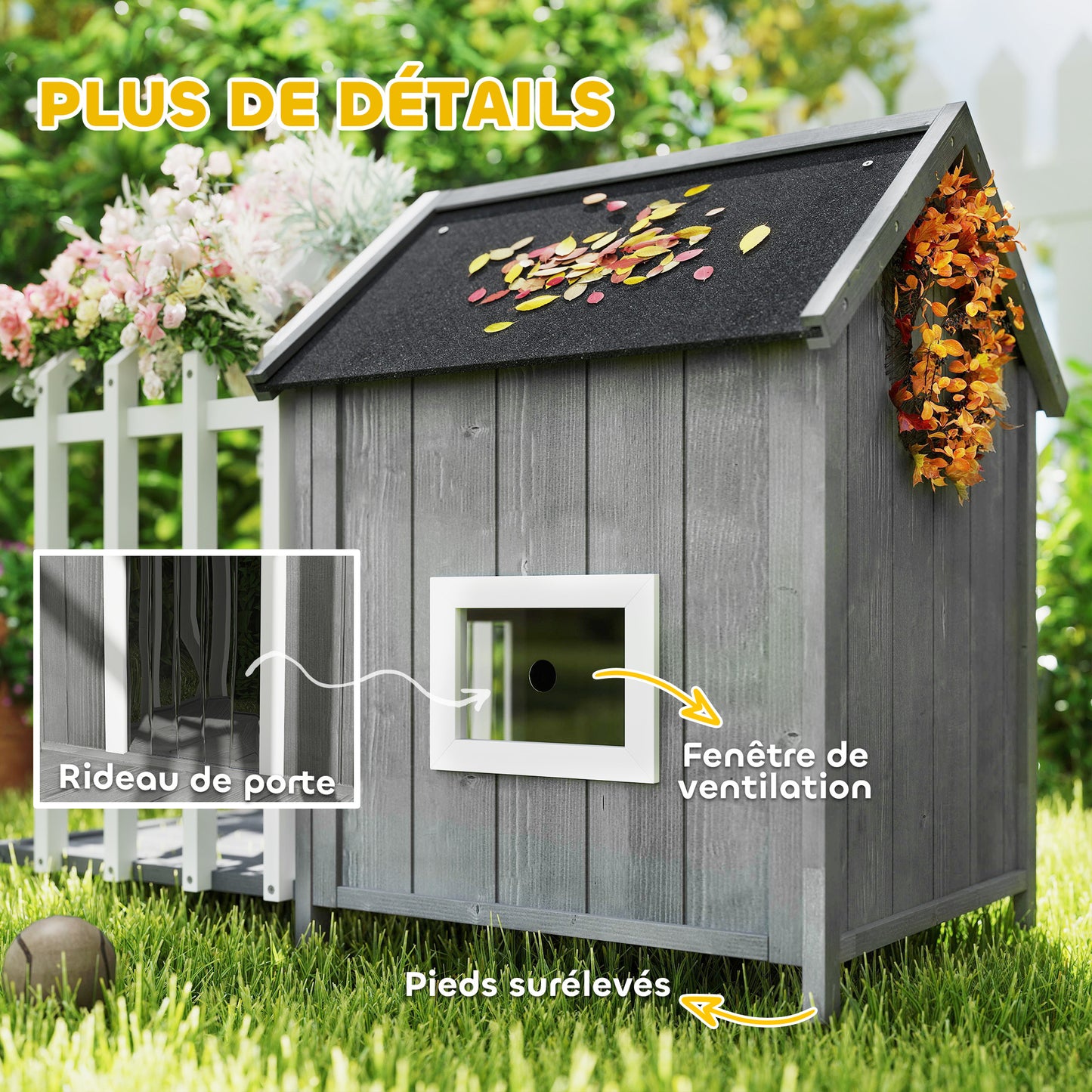 PawHut Outdoor Wooden Dog House with Terrace and Fence, Slatted Door, and Pointed Bitumen Roof, for Garden, Yard, Veranda, Patio, 106 x 62.5 x 80.5 cm, Gray