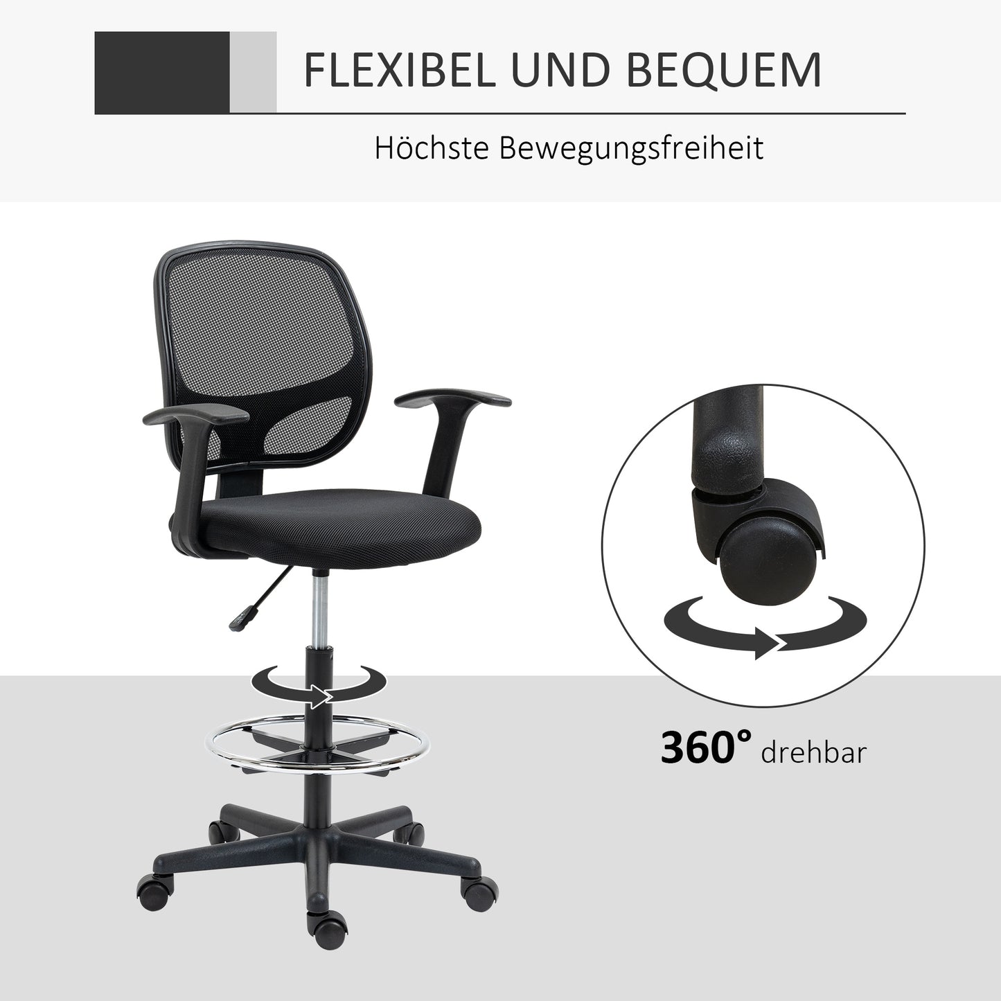 Bureaustoel – Werkstoel – Office Chair – Draaistoel – Tekentafelstoel – Verstelbare Zithoogte 110-132 cm – Inclusief Voetenring Mesh Rugleuning – Zwart