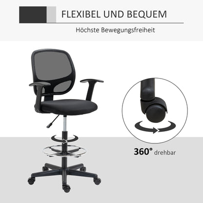 Bureaustoel – Werkstoel – Office Chair – Draaistoel – Tekentafelstoel – Verstelbare Zithoogte 110-132 cm – Inclusief Voetenring Mesh Rugleuning – Zwart