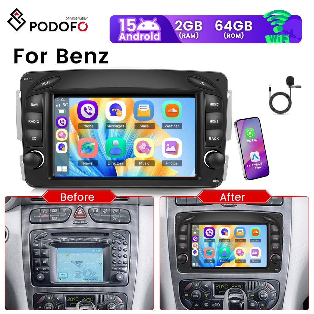 PODOFO for Android 15 Car Stereo with Wireless CarPlay & Android Auto, 7” IPS Touchscreen, 2GB/64GB, Compatible with W168/W203/CLK/C209/W209/SLK/W170/Viano/Vito/Vaneo, GPS, Wireless, WiFi, FM/RDS, Steering Wheel Control, Mi