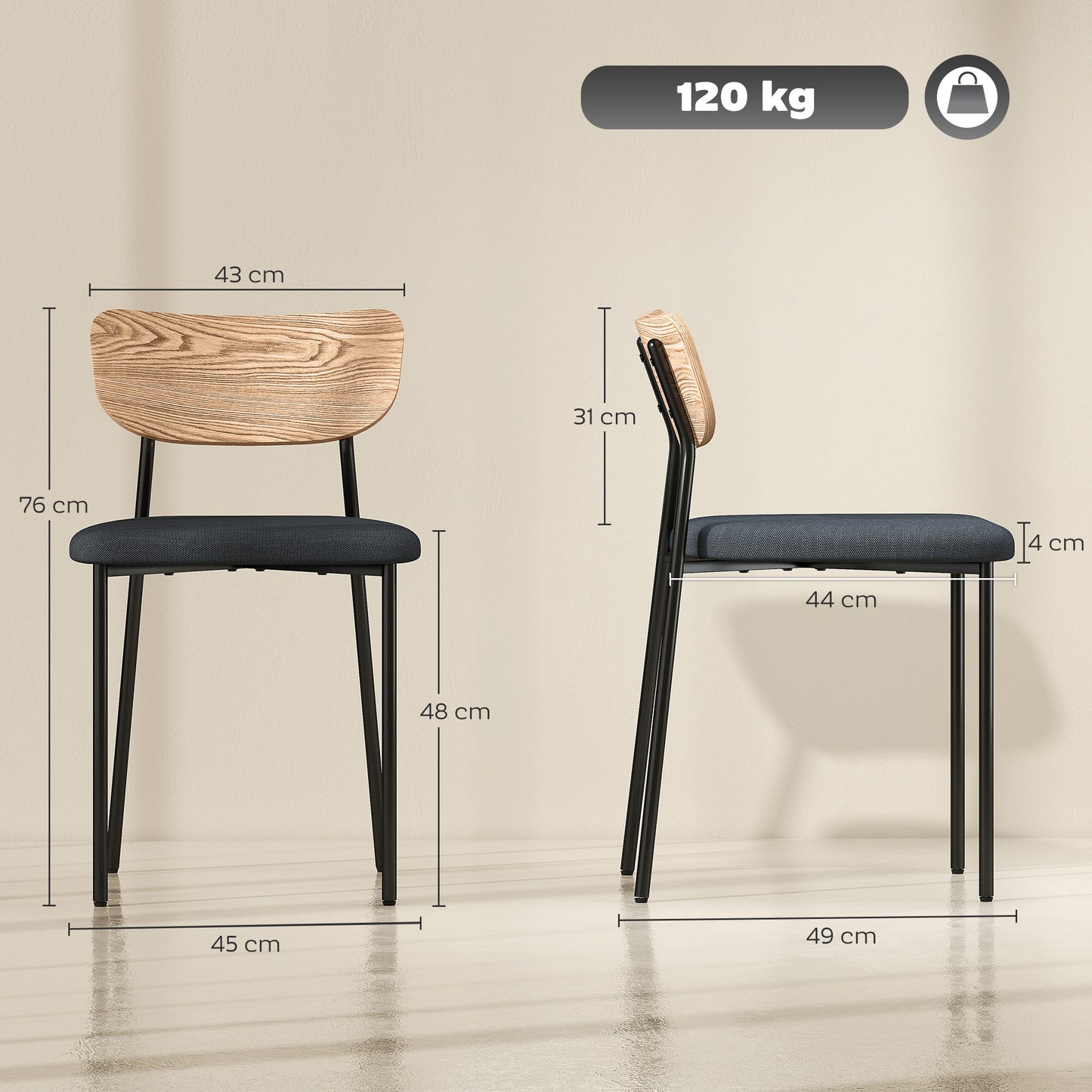 Eetkamerstoelen – Stoelen – Dining Stoelen – Armloze Stoelen – Linnen Stoelen – Grijs – Set van 2 – Met Metalen Poten – Onderhoudsvriendelijk Linnenlook