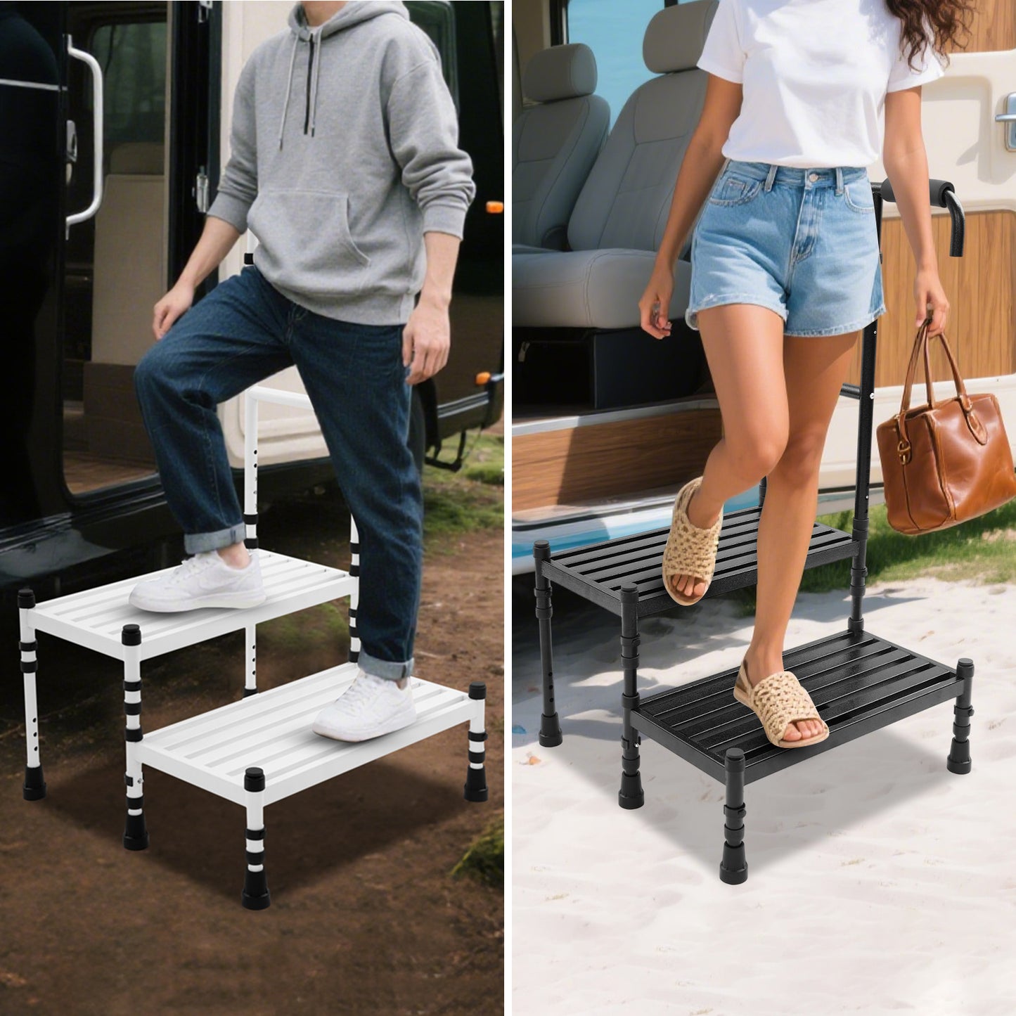 2-Traps Opstap – Opstapkruk – Trapje – Opklapkruk – Trapje Voor Ouderen – Verstelbare Handgreep – Antislip Brede Treden – Carbonstaal en Rubber (Zwart)