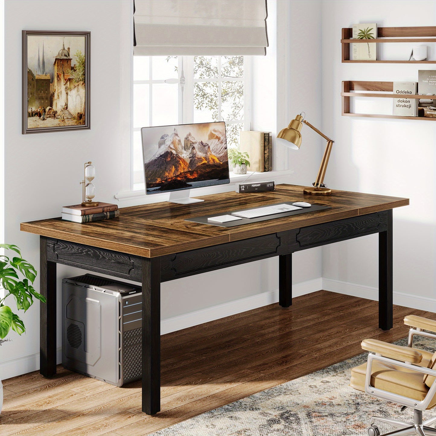 Bureau – Schrijftafel – Bureautafel – Werkplek – Computertafel – Rustiek Bruin – Metaal & Hout – 68,5 cm Hoog – 3,2 Kubieke Voet Opbergruimte