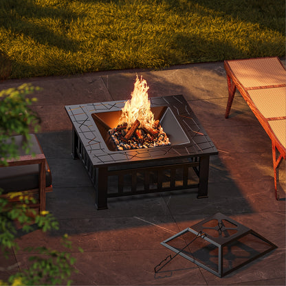 Vuurschaal Vierkant – Vuurkorf – BBQ Grill – Buitenhaard – Tuinhaard – Metaal – Spatscherm – 81x81x35 cm – Inclusief Waterdichte Afdekhoes
