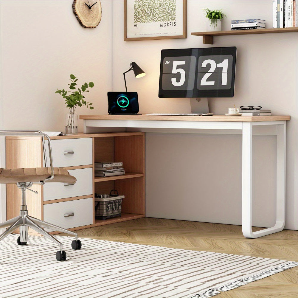 Modern Minimalist Computer Desk & Bookcase Combo - Heavy-Duty Metal Frame, 3 Drawers & 2 Open Shelves, Wide Thick Desktop, Natural Wood Finish, Space-Saving Design for Home Office, Study, or Workspace, Desk Storage, Study Roo