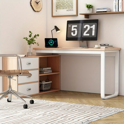 Modern Minimalist Computer Desk & Bookcase Combo - Heavy-Duty Metal Frame, 3 Drawers & 2 Open Shelves, Wide Thick Desktop, Natural Wood Finish, Space-Saving Design for Home Office, Study, or Workspace, Desk Storage, Study Roo