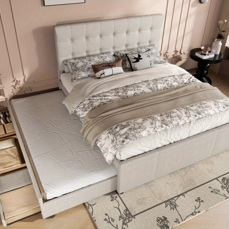 Gestoffeerd Tweepersoonsbed – Double Bed – Familiebed – Huwelijksbed – Opbergbed – 140x200 cm – Verstelbaar Hoofdbord – Beige Bekleding