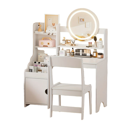 Make-up Tafel – Kaptafel – Schminktafel – Vanity Set – Opmaaktafel – MDF en Hout – Met Spiegel en Krukje – Eenvoudige Montage