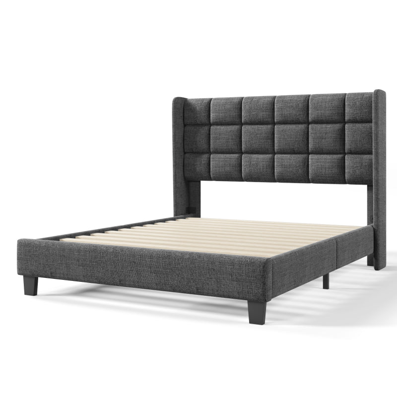 Bedframe – Tweepersoonsbed – Gestoffeerd Bed – Boxspringbed – Slaapbank – Stevig Met Linnen Stof – Padded Hoofdeinde – 140x200 cm