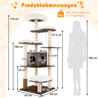 Krabpaal – Kattentoren – Klimmeubel – Krabmeubel – Kattenmeubel – 6 Lagen Met Kattenhol – 175 cm Hoog – Stevig Sisal – Zachte Wasbare Stoffen