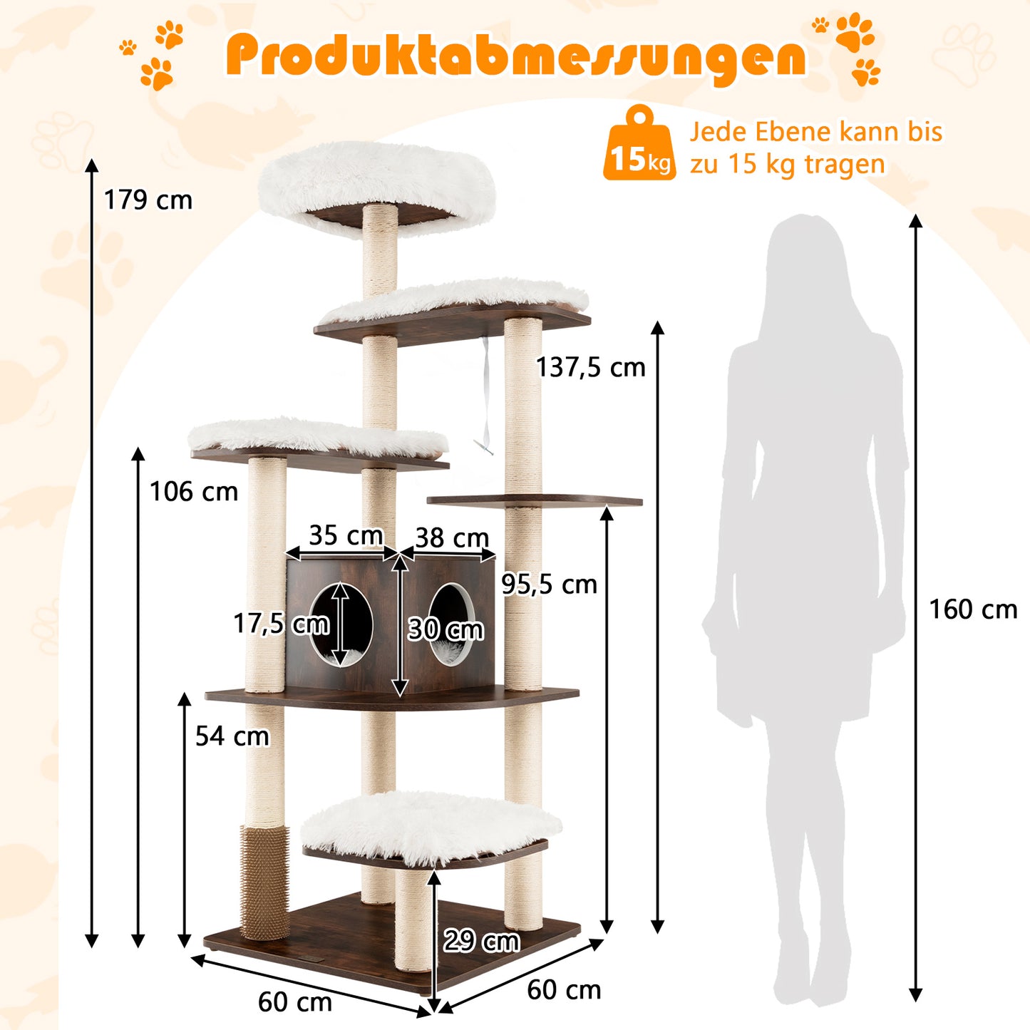 Krabpaal – Kattenboom – Krabmeubel – Klimmeubel – Kattenhuis – 175 cm Hoog – 6 Niveaus Met Kattenhol En Wasbare Matten