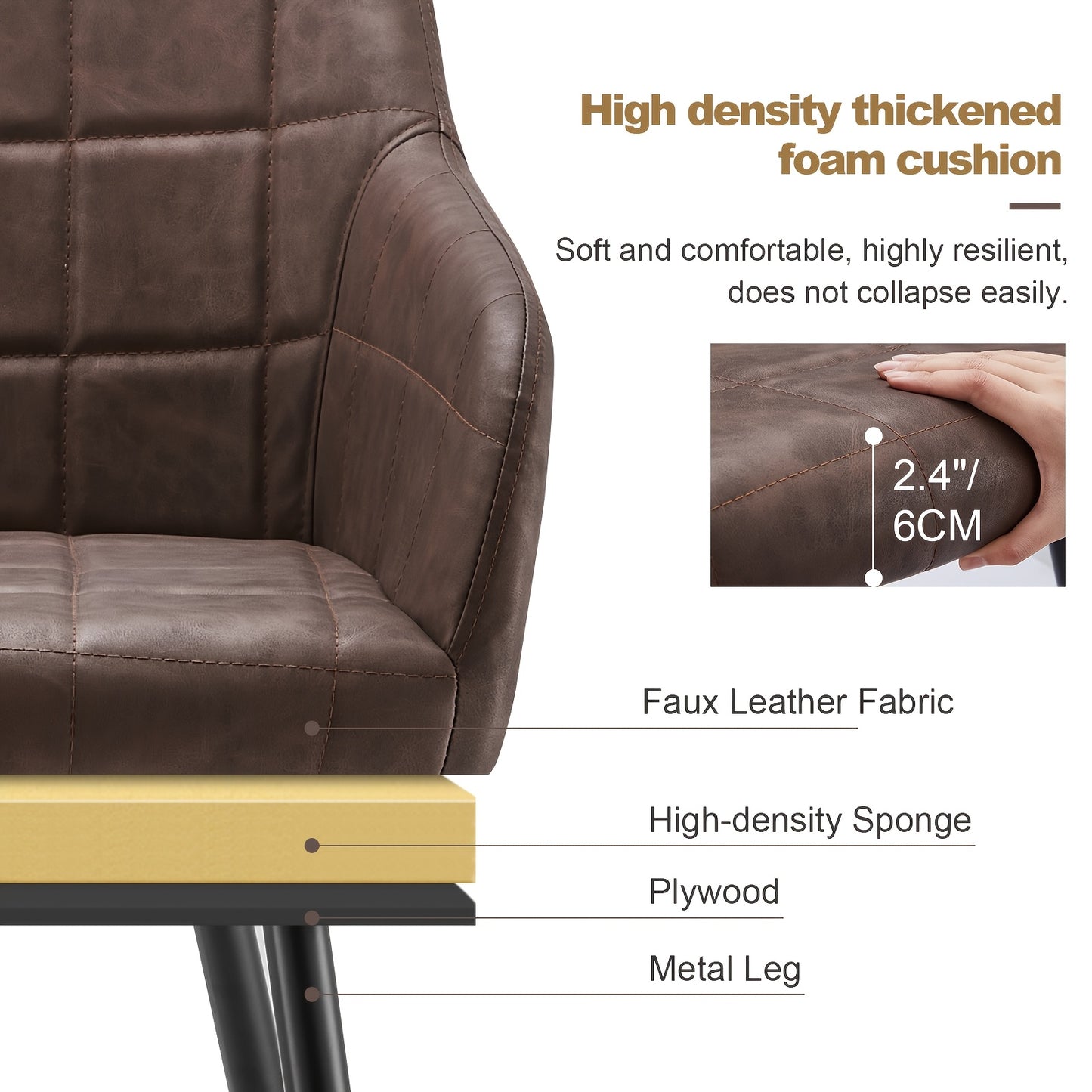 Eetkamerstoel – Stoel Met Armleuningen – Accentstoel – Loungestoel – Kunstleren Stoel Bruin – Gevuld Met Memory Foam – Met Metalen Frame