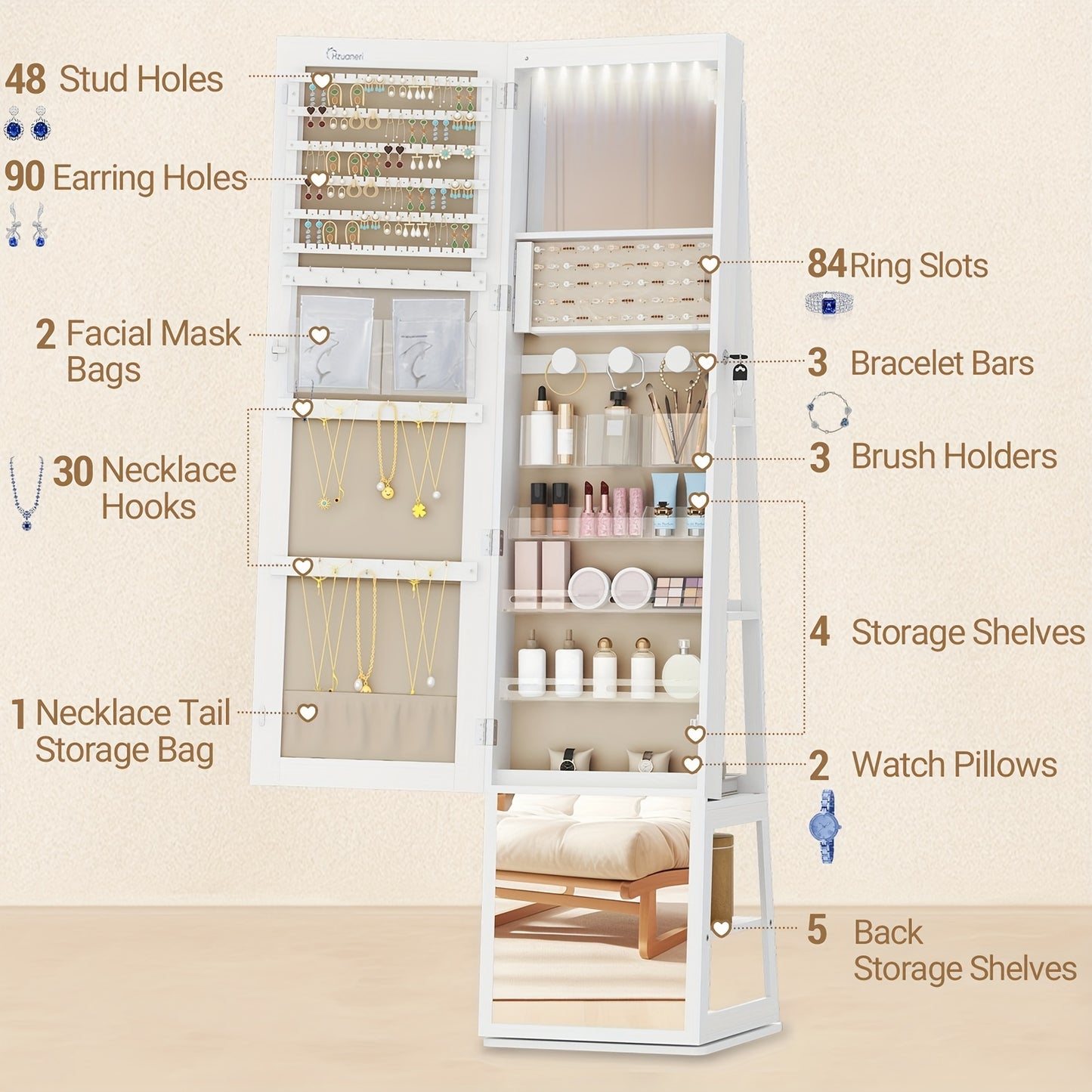 Sieradendoos – Sieradenkast – Juwelendoos – Sieradenopberger – Sieradenkastje – 360° Draaibare Spiegel – 4-laags Opbergruimte Met Slot – Wit Met Beige Bekleding