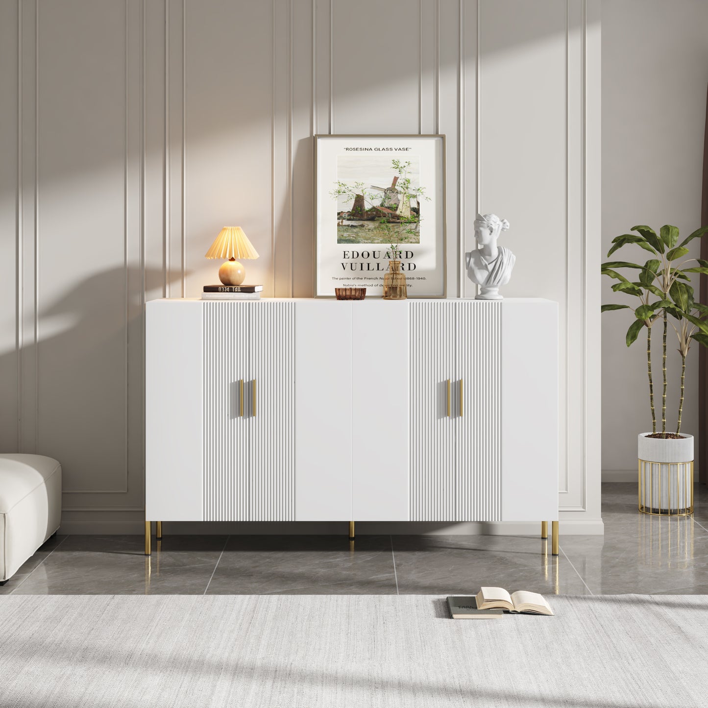 Wit Opbergmeubel – Opbergkast – Dressoir – Ladenkast – Buffetkast – Modern Design – Verstelbare Planken – Gouden Accenten – 160x35x100 cm