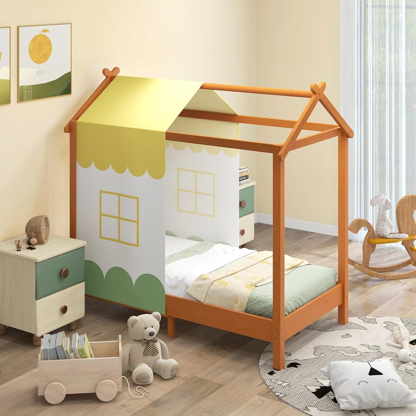 Houten Kinderbed – Bed Voor Kinderen – Kinderbed Met Canopy – Speelhuis Bed – Babybed 70x140 Cm – Robuuste Vurenhouten Constructie – Verwijderbare Wasbare Canopy
