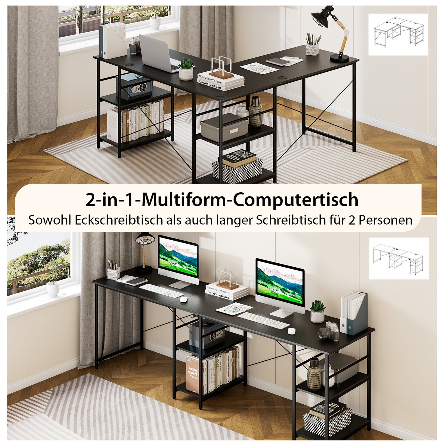 L-vormig Bureau – Hoekbureau – Gamersbureau – Computerbureau – Bureau Met Opbergruimte – Omkeerbaar Ontwerp – 151 x 151 x 75 cm – Zwart