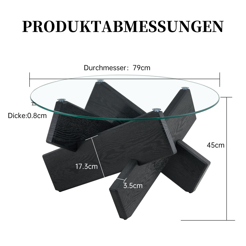 Salontafel Glas – Woonkamer Tafel – Koffietafel – Bijzettafel – Ronde Tafel – Gehard Glas – Zwarte Metalen Poten – Ø79 cm Diameter – 0,8 cm Dik Temperglas
