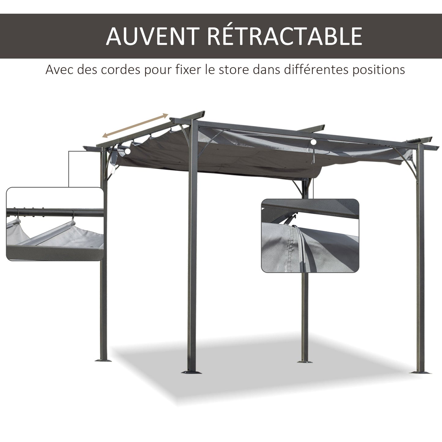 Pergola Uitschuifbare Overkapping Terrasoverkapping Tuinluifel Schaduwdoek – Antracietgrijs – Uitschuifbaar Dak – Water- En UV-bestendig Polyester – 3x3 Meter – Metalen Frame Met Epoxy Coating