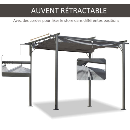 Pergola Uitschuifbare Overkapping Terrasoverkapping Tuinluifel Schaduwdoek – Antracietgrijs – Uitschuifbaar Dak – Water- En UV-bestendig Polyester – 3x3 Meter – Metalen Frame Met Epoxy Coating