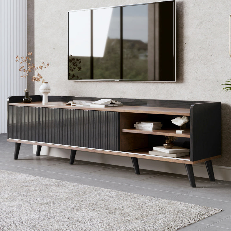 TV-meubel – Tv-kast – Lowboard – Dressoir – Tv-onderkast – Verstelbaar 101,6-124,5 cm – Zwarte Spaanplaat – Twee Schuifdeuren en Lades